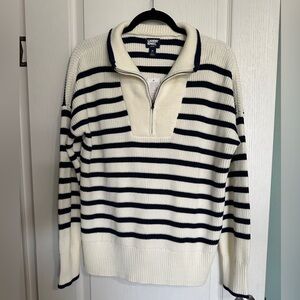 Lands' End Women’s Zip-Up Sweater - Cream and Navy Stripes Size M